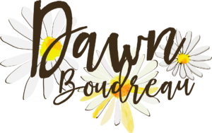 Logo of Dawn Boudreau, script font over 3 daisies